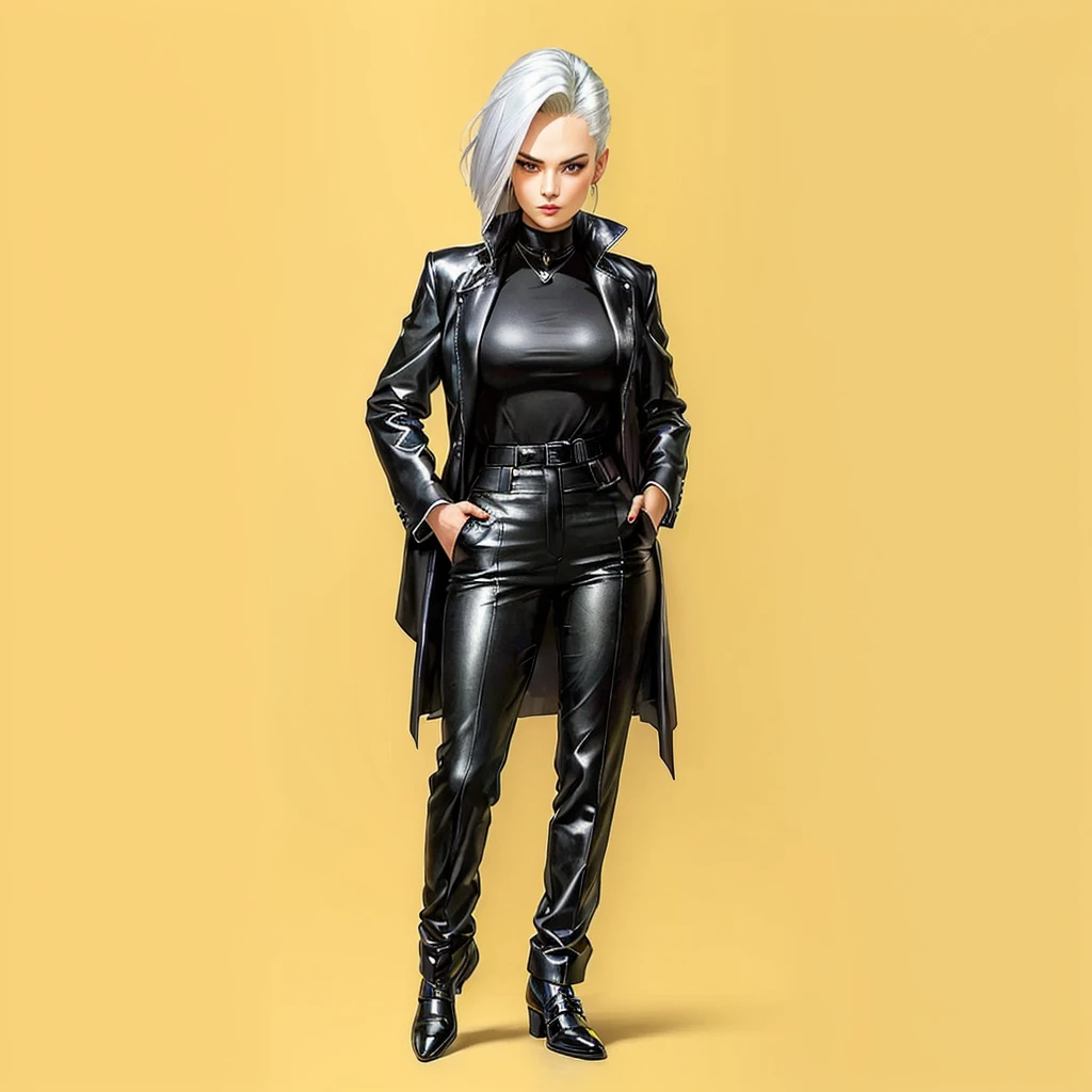 a drawing of a woman in a black suit and black shoes, Android 18, girl with silver hair, sexy