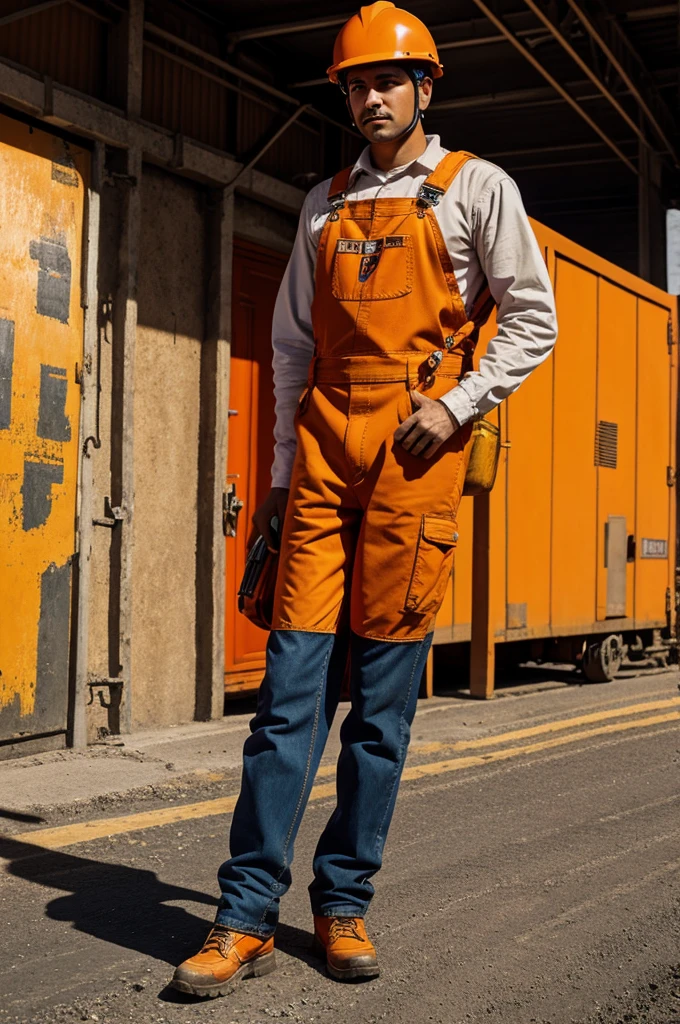 Virgin of Guadalupe watching over from heaven a man standing on the road wearing orange overalls and an orange industrial helmet 