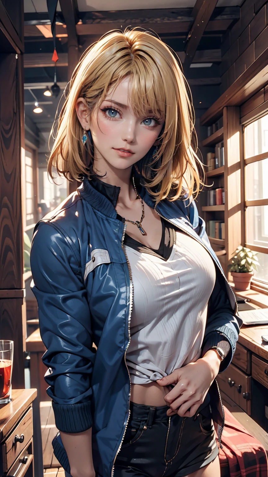 Christian AOT, One girl, alone, Krista Lentz, smile, Hair between the eyes, blue eyes, Blonde, Jacket, Medium Hair,