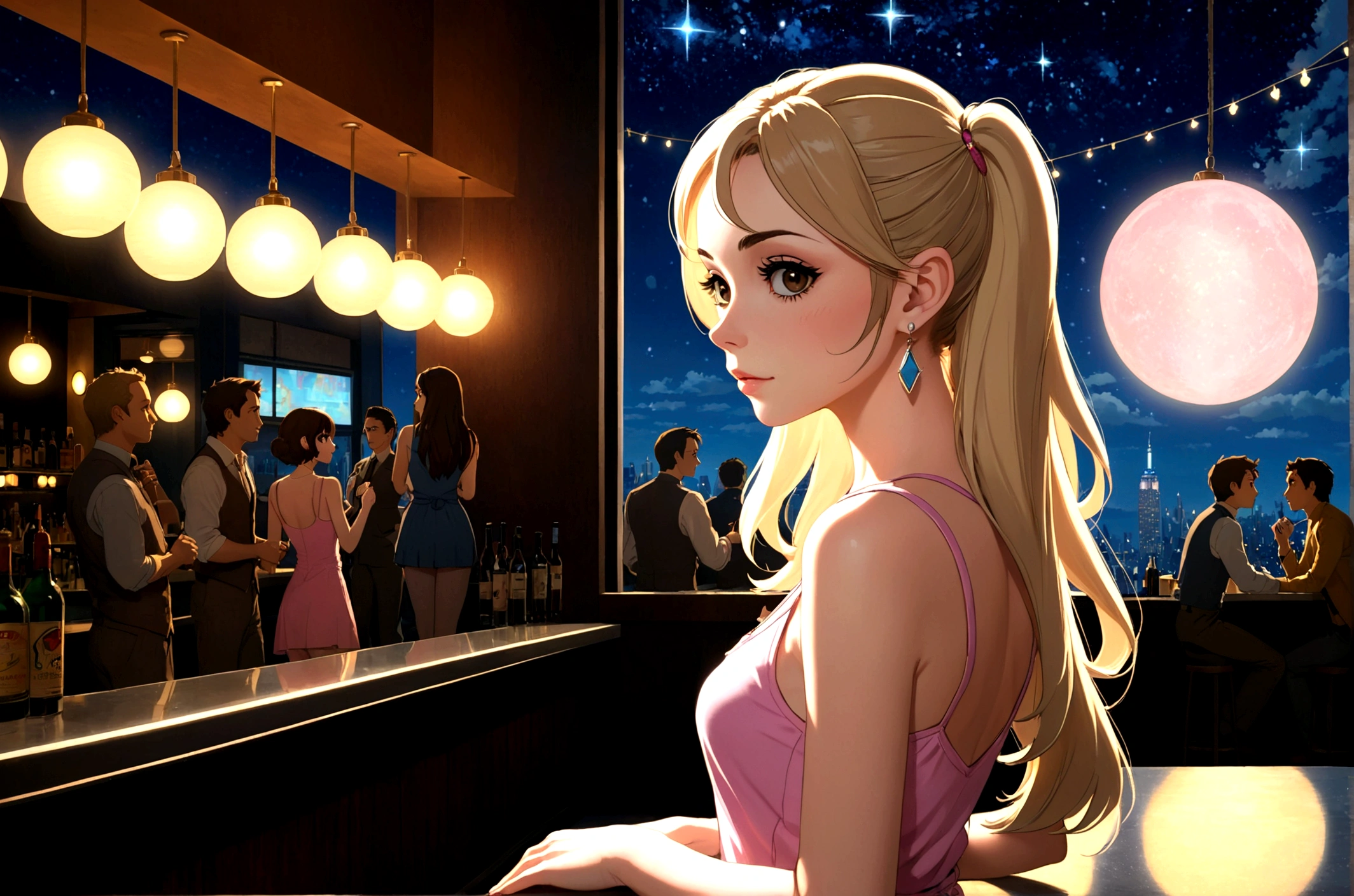 Uses Makoto Shinkai&#39;The depiction is perfect,Portrait of Cher Lloyd,8k 4k masterpiece photo ,new york,Glass ceiling jazz bar,I can see the twinkling stars through the glass window.,that&#39;Outside in the dark night,Jazz is playing,Close-up of a profile facing left,Beautiful profile,Semi-long hair,Blonde,Look in a different direction,The main character is standing on the right side of the screen.,Standing alone at the counter,A tight fitting pink tank top,Large bust