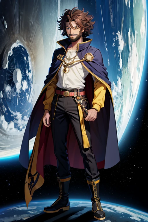 Anime Art、Full body portrait、Space SF Pirates、Tavern、A dark-skinned man, around 35 years old, standing upright, around 180cm tall, wearing a yellow pirate uniform and black trousers、A strong smile、Shoulder-length hairstyle、Brown Hair、Dark Eyes、boots、Blue Cape、Short beard