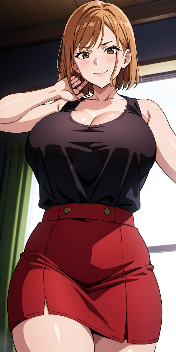 (Highest quality:1.5, High resolution, 超High resolution, 4K, Detailed lighting, Shaders), Short brown hair, beautiful, Large Breasts, sexy, erotic, Obscene, Cleavage, Tank top, Underbust, Thighs, smile, share, (throw, Close-up shot, View from below), Night bedroom background, Very good, clothes in mouth, (mouth_all), (Black Shirt:1.1)