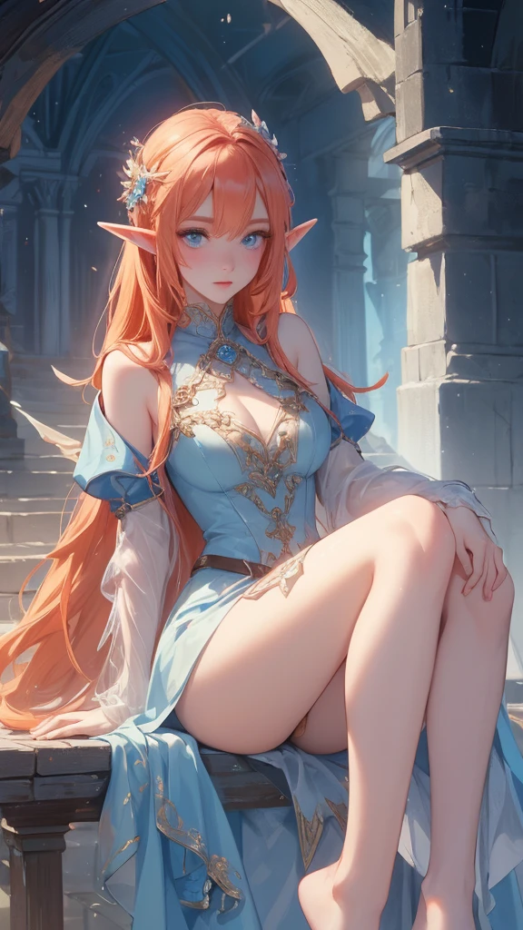 work of art, mythical effects, best resolution, ultra epic details, No defects, best result. better rendering, waifu fiery hair, ( BEAUTIFUL ELF ), ( crystal blue eyes) pale skin, blushed face, bare feet, wearing medieval clothing, Nature in the background, gazing at viewer, determination position, (happy expression