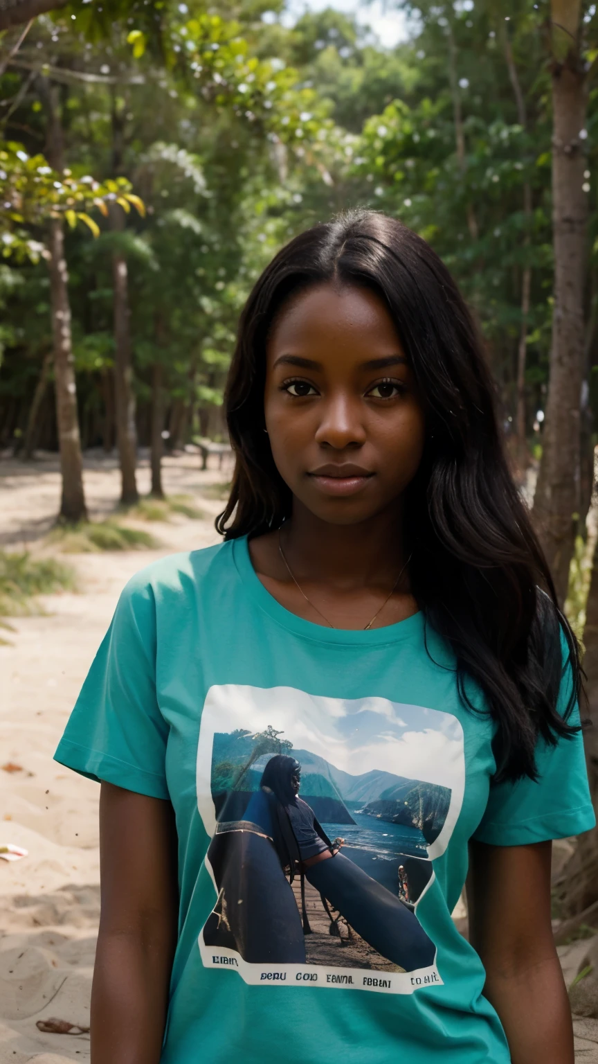 Dark skinned girl on the beach with forest in front with T-shirt