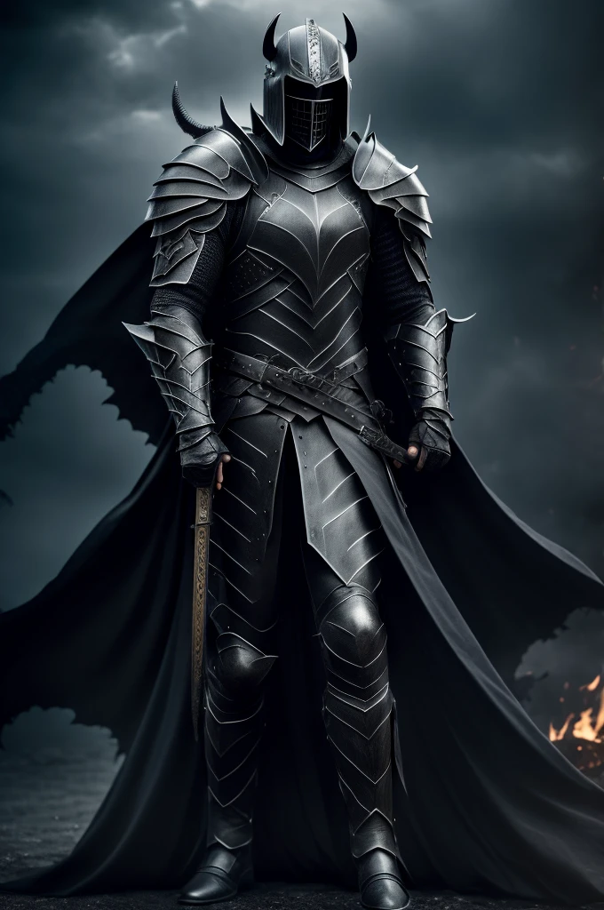 Male, demon knight, black cape, riding a black warhorse, wearing pitch black plate armor, 4k, masterpiece, high res, holding a sword in his hand, wearing a helmet