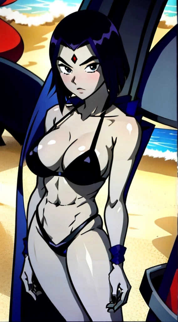 アニメ cel-shading Raven, bikini, on the beach in ((anime + manga + comics + cartoon) style) 