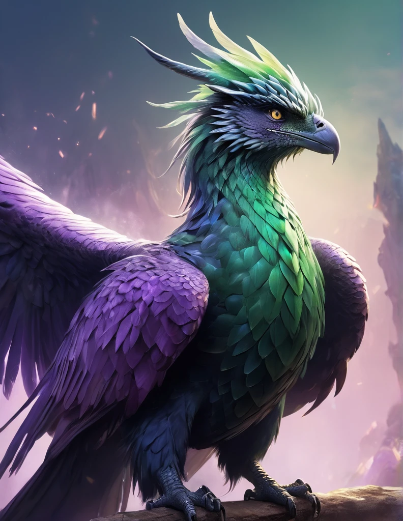 The image shows a fantastic creature that combines characteristics of a bird and a dragon, with a majestic and regal appearance.

### Physical description:
- **head**: The creature has a bird&#39;s head, similar to that of an owl, with big eyes and a curved beak. On her head there is a crown of green crystals that gives her an air of royalty..
- **body**: His body is robust and muscular, covered in white feathers with a soft shade of purple. The chest and neck are adorned with green crystal patterns that seem to emerge from her skin.
- **Alas**: It has large feathered wings that extend from its sides, with feathers ranging from white to darker purple at the tips.
- **paws**: The front legs are strong and end in sharp claws., with feathers that partially cover the extremities. The hind legs are also muscular and powerful..
- **cola**: Its tail is long and ends in a series of sharp feathers., similar to those of a bird but with a more draconic touch.

### Additional details:
- **Green Crystals**: The green crystals on his head and chest are not only decorative, They also emit a shine that accentuates their regal appearance.
- **expression**: The creature&#39;s expression is serene and proud, showing his status and power.

### General appearance:
The creature has a majestic and elegant appearance, combining elements of a bird and a dragon. Green crystals and purple feathers add a touch of fantasy and royalty, making it look like a guardian or a noble creature from a magical world.