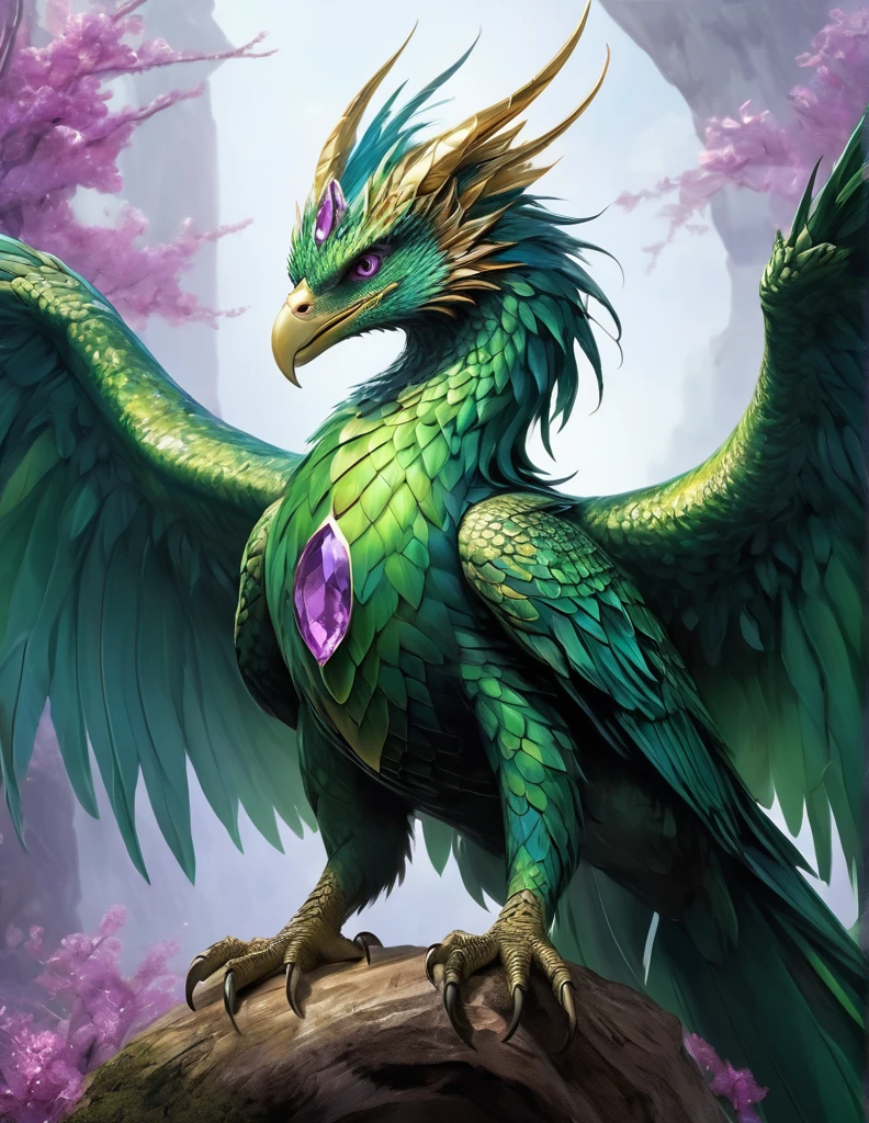 The image shows a fantastic creature that combines characteristics of a bird and a dragon, with a majestic and regal appearance.

### Physical description:
- **head**: The creature has a bird&#39;s head, similar to that of an owl, with big eyes and a curved beak. On her head there is a crown of green crystals that gives her an air of royalty..
- **body**: His body is robust and muscular, covered in white feathers with a soft shade of purple. The chest and neck are adorned with green crystal patterns that seem to emerge from her skin.
- **Alas**: It has large feathered wings that extend from its sides, with feathers ranging from white to darker purple at the tips.
- **paws**: The front legs are strong and end in sharp claws., with feathers that partially cover the extremities. The hind legs are also muscular and powerful..
- **cola**: Its tail is long and ends in a series of sharp feathers., similar to those of a bird but with a more draconic touch.

### Additional details:
- **Green Crystals**: The green crystals on his head and chest are not only decorative, They also emit a shine that accentuates their regal appearance.
- **expression**: The creature&#39;s expression is serene and proud, showing his status and power.

### General appearance:
The creature has a majestic and elegant appearance, combining elements of a bird and a dragon. Green crystals and purple feathers add a touch of fantasy and royalty, making it look like a guardian or a noble creature from a magical world.