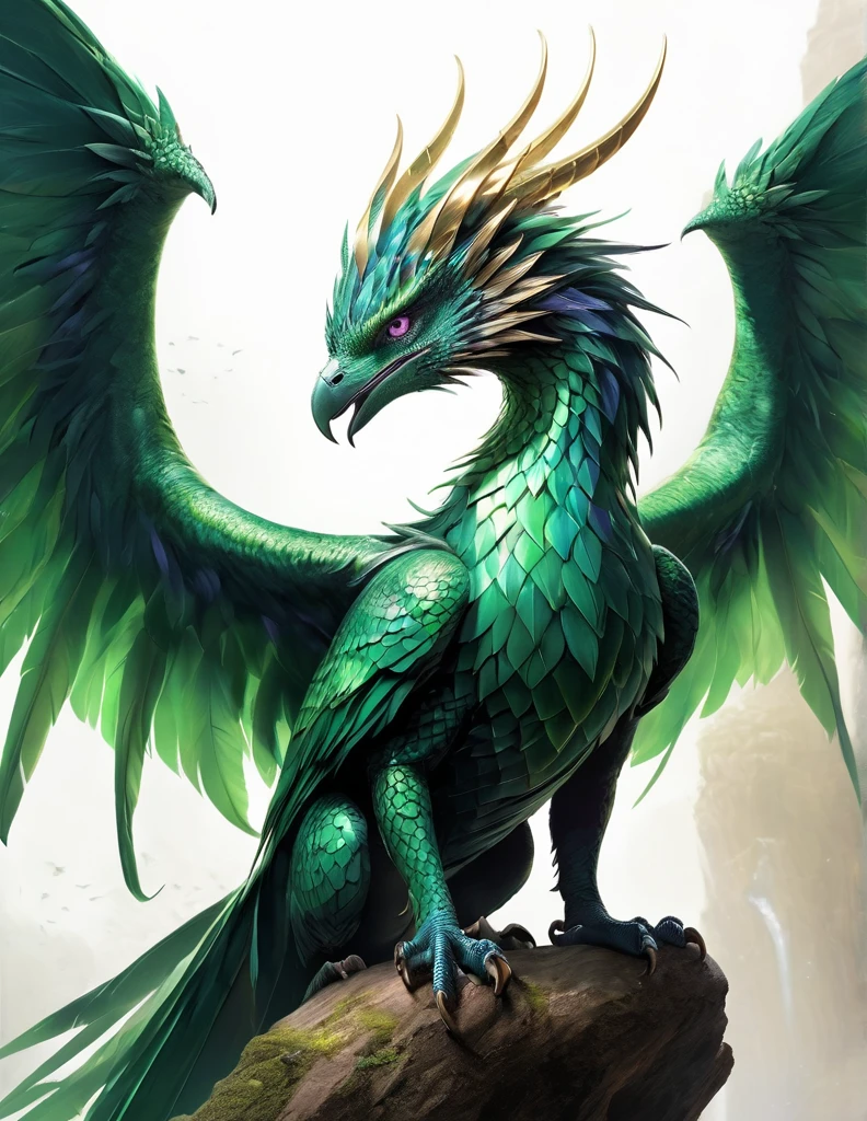 The image shows a fantastic creature that combines characteristics of a bird and a dragon, with a majestic and regal appearance.

### Physical description:
- **head**: The creature has a bird&#39;s head, similar to that of an owl, with big eyes and a curved beak. On her head there is a crown of green crystals that gives her an air of royalty..
- **body**: His body is robust and muscular, covered in white feathers with a soft shade of purple. The chest and neck are adorned with green crystal patterns that seem to emerge from her skin.
- **Alas**: It has large feathered wings that extend from its sides, with feathers ranging from white to darker purple at the tips.
- **paws**: The front legs are strong and end in sharp claws., with feathers that partially cover the extremities. The hind legs are also muscular and powerful..
- **cola**: Its tail is long and ends in a series of sharp feathers., similar to those of a bird but with a more draconic touch.

### Additional details:
- **Green Crystals**: The green crystals on his head and chest are not only decorative, They also emit a shine that accentuates their regal appearance.
- **expression**: The creature&#39;s expression is serene and proud, showing his status and power.

### General appearance:
The creature has a majestic and elegant appearance, combining elements of a bird and a dragon. Green crystals and purple feathers add a touch of fantasy and royalty, making it look like a guardian or a noble creature from a magical world.