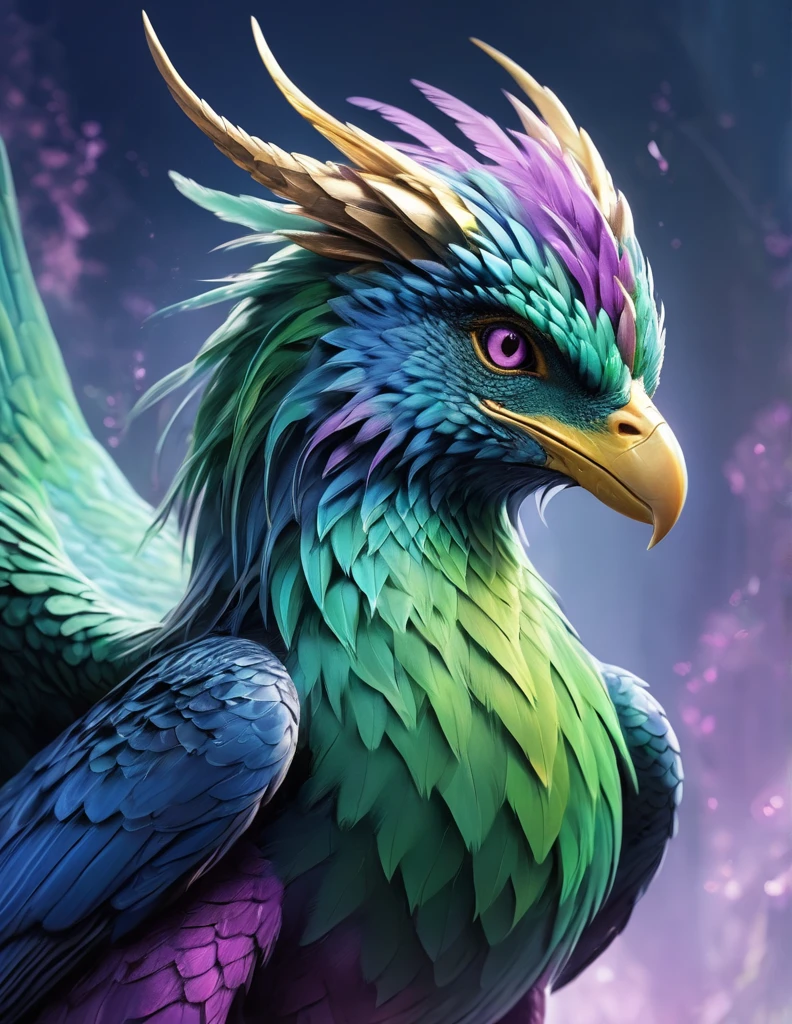 The image shows a fantastic creature that combines characteristics of a bird and a dragon, with a majestic and regal appearance.

### Physical description:
- **head**: The creature has a bird&#39;s head, similar to that of an owl, with big eyes and a curved beak. On her head there is a crown of green crystals that gives her an air of royalty..
- **body**: His body is robust and muscular, covered in white feathers with a soft shade of purple. The chest and neck are adorned with green crystal patterns that seem to emerge from her skin.
- **Alas**: It has large feathered wings that extend from its sides, with feathers ranging from white to darker purple at the tips.
- **paws**: The front legs are strong and end in sharp claws., with feathers that partially cover the extremities. The hind legs are also muscular and powerful..
- **cola**: Its tail is long and ends in a series of sharp feathers., similar to those of a bird but with a more draconic touch.

### Additional details:
- **Green Crystals**: The green crystals on his head and chest are not only decorative, They also emit a shine that accentuates their regal appearance.
- **expression**: The creature&#39;s expression is serene and proud, showing his status and power.

### General appearance:
The creature has a majestic and elegant appearance, combining elements of a bird and a dragon. Green crystals and purple feathers add a touch of fantasy and royalty, making it look like a guardian or a noble creature from a magical world.