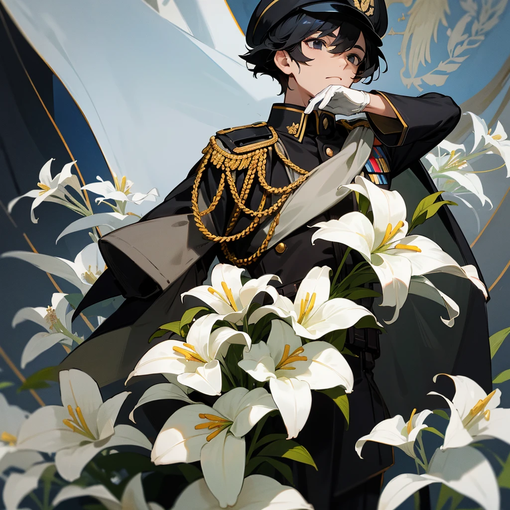 Black and gold military uniform, short black hair, young man, white gloves, white lilies, black eyes, military cap military flag