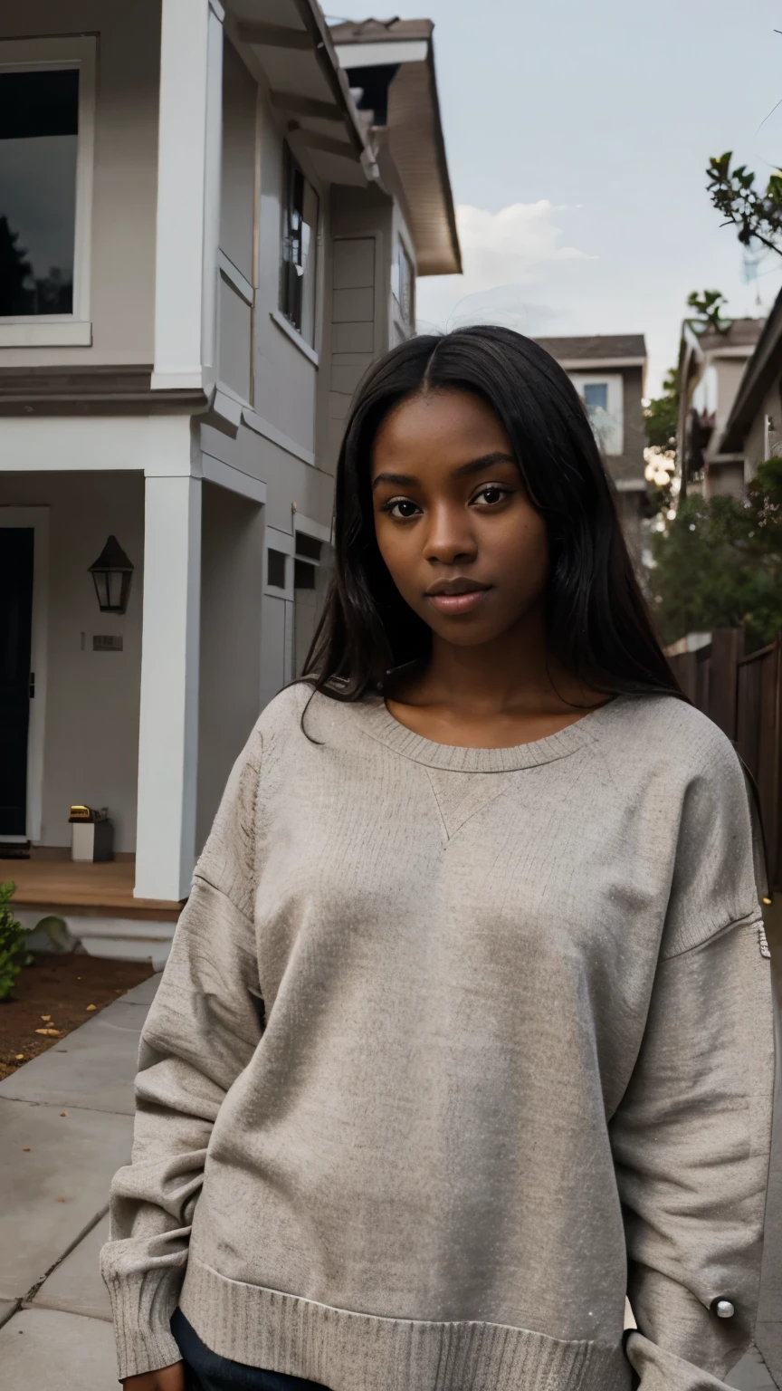 Dark Skin Girl in front of 2-story house with Sweater