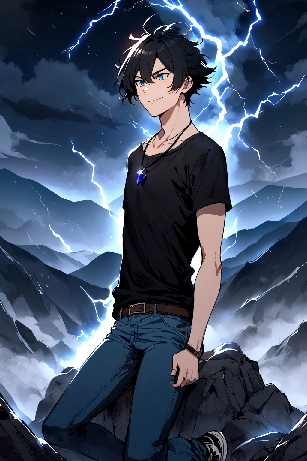 a young boy of 28 years old, ohma tokita, symmetrical face, defined body, sharp chin, blue eyes, short hair on both sides of the head, short hair on top, long hair at the nape of the neck, black hair, messy hair, cheerful smile, wearing a jean jacket, a simple black t-shirt, jeans, worn sneakers, necklace with a sapphire stone, in a combat position, destroyed sapphire fragments, lightning coming out of it, in some mountains, thunderstorms, alone