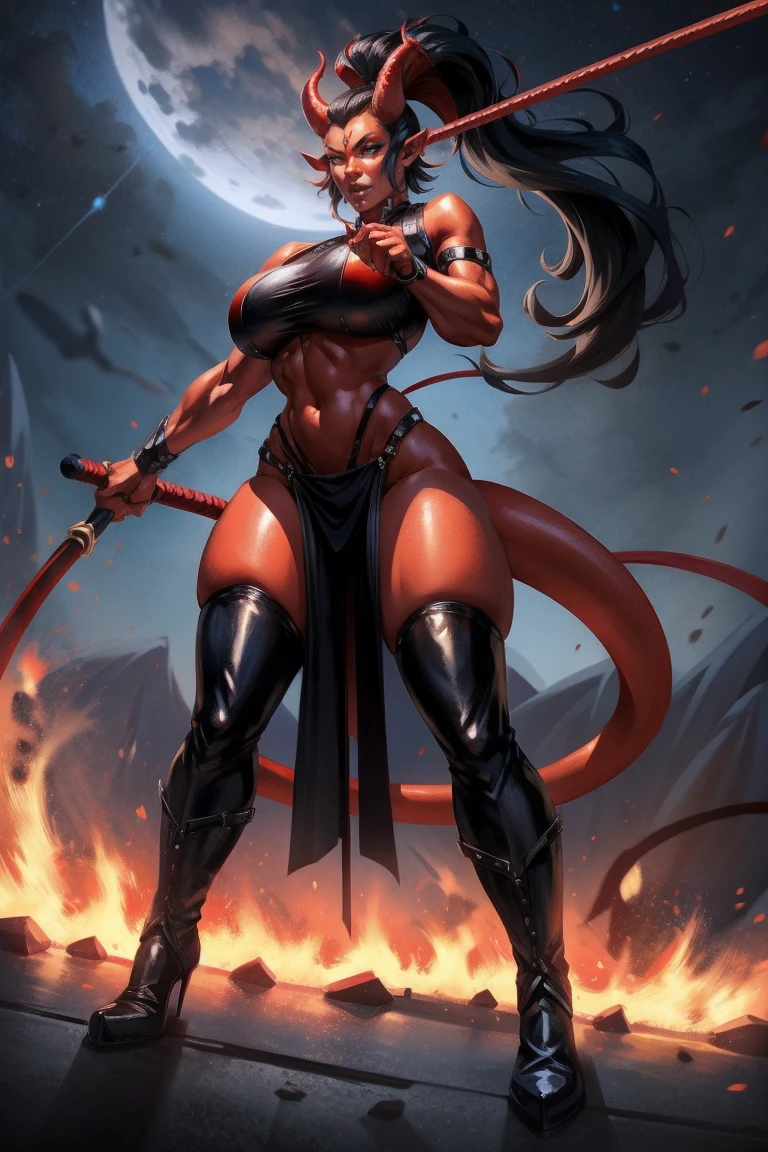 Red skin succubus tiefling, medium breasts, thicc hips, black horns, wings, huge tail, black leather, crop top, long flowing pelvic curtain, tall, toned, graceful, thin, long black ponytail. Action scene, whip. Dark scene, explosions, night sky.