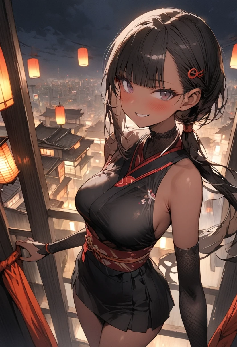 ((masterpiece,Highest quality:1.3,best quality illustration)), 独奏,1woman,(Mature Japan beauties)、black hair,(low ponytail hair style),long hair,blunt bangs,black eyes,gorgeous eyes,((very small head:1.3)),blush,A strong smile,((very long body:1.2)),medium breasts,(tan skin), (gleaming skin,toned body,slender body, skinny),(Female Ninja Costume、A simple, patternless black kimono、Black mini skirt),standing、Overlooking the rooftop of a high-rise building、Moonlit Night、Modern Tokyo、