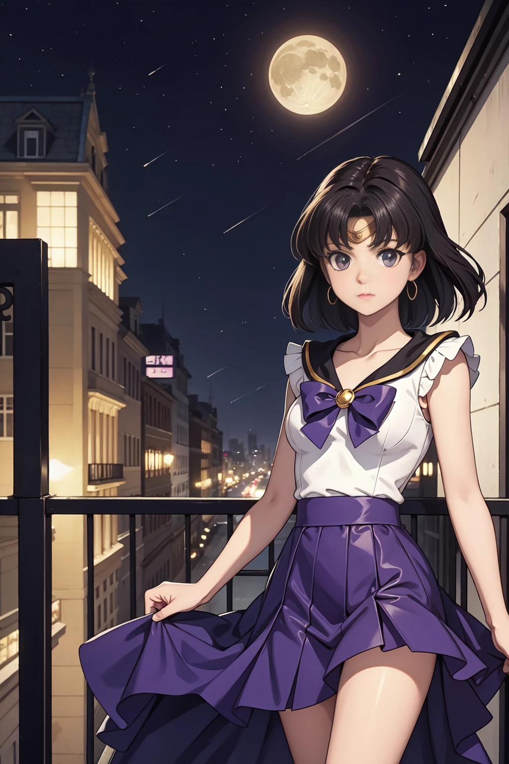 Sailor Saturn (Sailor Moon Anime), standing in a balcony at night, <lora:GoodHands-, <lora:GoodLegs-, UHD, high resolution, (expressive eyes, perfect face, full body, expressive face, perfect body, perfect , athletic, fit, slim body, blushing, Perfect makeup, eyeliner, beautiful eyelashes, smiling, horny), ((best illumination, best shadows)), ((sexy pose)brooch, white gloves, choker, skirt, star (symbol), purple footwear, knee boots, star brooch, earrings, sailor collar, bow, cross-laced footwear, pleated skirt, brown bow, gloves, elbow gloves, purple skirt, jewelry, boots, back bow, lace-up boots, magical girl, star choker, purple sailor collar, purple eyes, black hair, short hair, EPsmSailorSaturn, sailor_saturn, sailor senshi uniform, tiara, sailor saturn