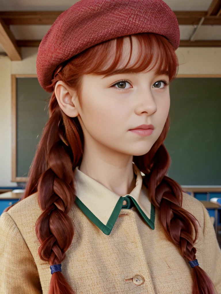 (best quality,4k,8k,highres,masterpiece:1.2),ultra-detailed,(realistic,photorealistic,photo-realistic:1.37), ((a girl in classroom, she wears uniform and beret, shy, braided red hair)), ((slim body, very large bust size for her young age))