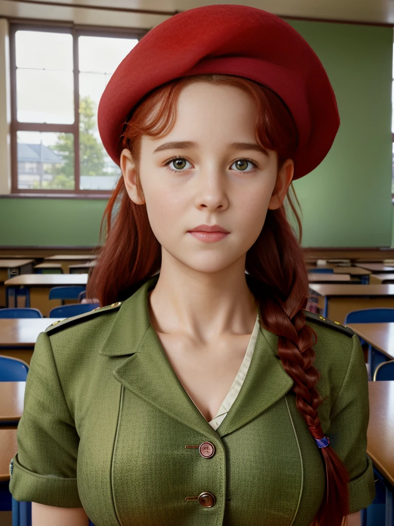 (best quality,4k,8k,highres,masterpiece:1.2),ultra-detailed,(realistic,photorealistic,photo-realistic:1.37), ((a girl in classroom, she wears uniform and beret, shy, braided red hair)), ((slim body, very large bust size for her young age))