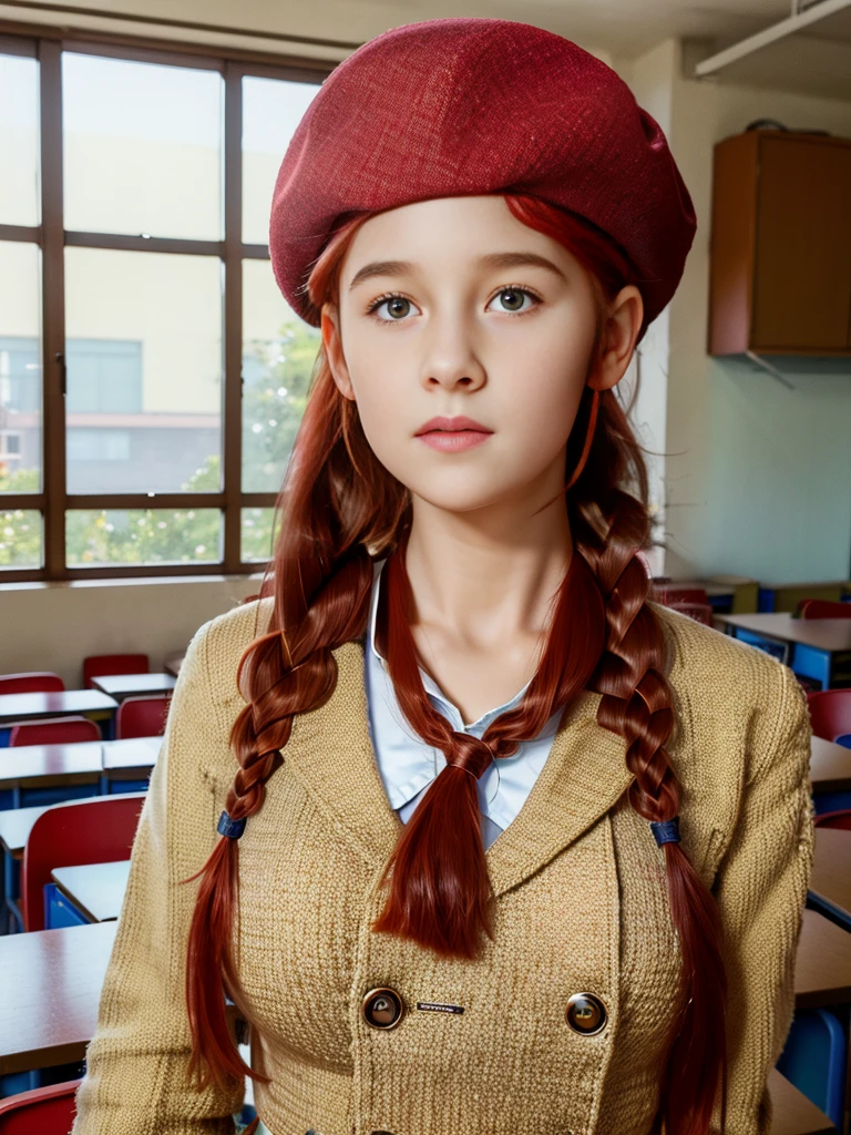 (best quality,4k,8k,highres,masterpiece:1.2),ultra-detailed,(realistic,photorealistic,photo-realistic:1.37), ((a girl in classroom, she wears uniform and beret, shy, braided red hair)), ((slim body, very large bust size for her young age))