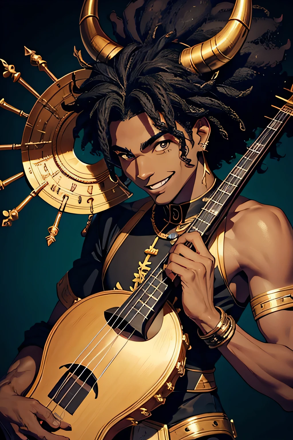 black man dark skin black hair with horns in head with afro hair with face piercings smiling playing a lyre as a bard cartoon style