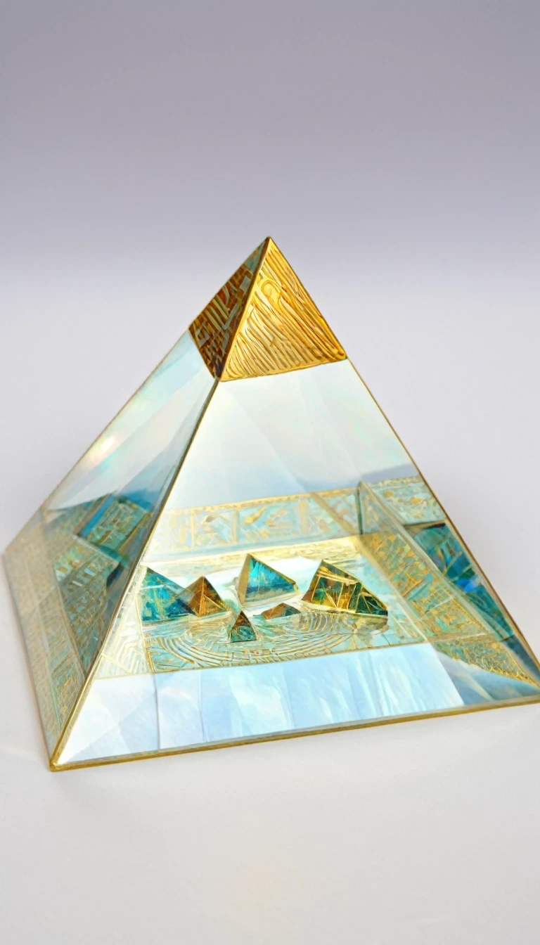 best quality, super fine, 16k, 2.5D, delicate and dynamic depiction, X-ray, transparent translucent iridescent pyramids, Egyptian mythology, Greek mythology, Mesopotamian mythology, Tutankhamun's golden hoard, yin-yang symbol, scientific artwork