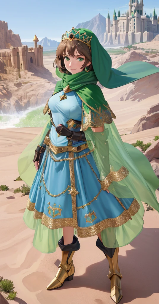 masterpiece, best quality:1.2), 1girl, smile, looking at viewer, green eyes, short brown hair, princess, armor, blue hijab headscarf, pauldrons, armored dress, green cloak cape, wearing puffy blue ballgown skirt, golden tiara with green gem, armored boots, fingerless gloves, standing in front of desert castle