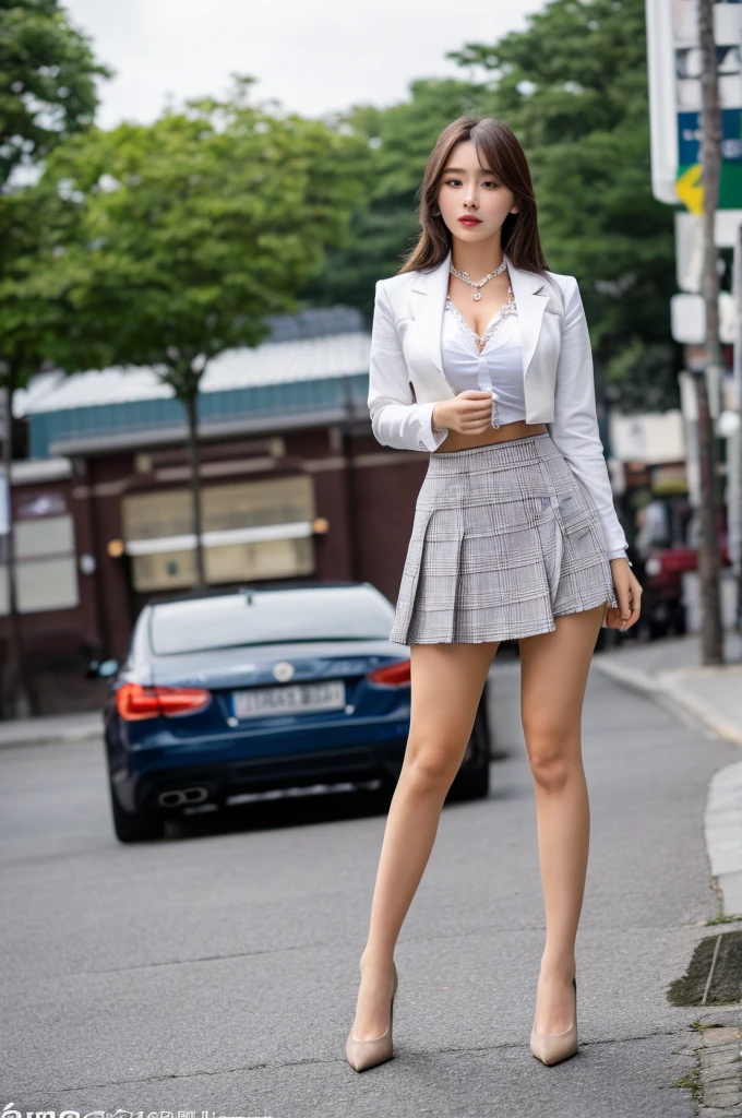 a 17 year old girl, she is the most beautiful actress in the world, the perfect body proportions of this girl, her large breasts are clothed with the formal shirt under the blazer which is appropriately buttoned on her waist area, the panties between her bare legs are hardly hidden by the short skirt, the front of her body, the one description, the lower than her shins are out of space, she is standing straight at the street, nsfw, best quality, highly detailed, masterpiece, ultra high res, photo realistic, 8k, RAW photo
