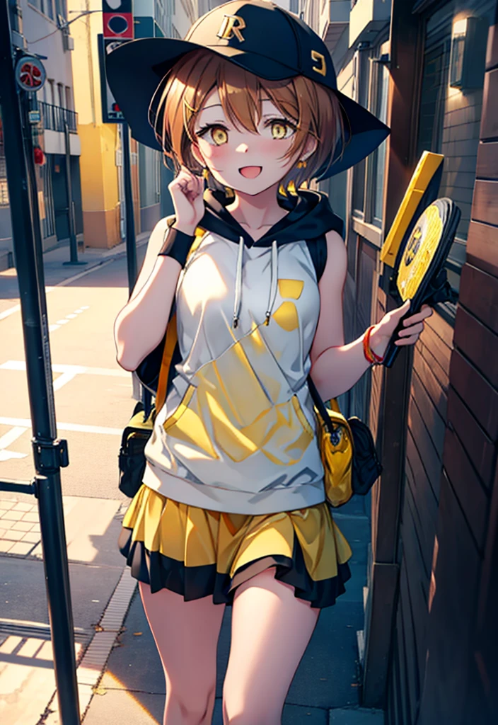 Rin Hoshizora (Yellow Eyes:1.5), Hair between the eyes, Brown Hair,Short Hair,blush,happy smile, smile, Open your mouth,Baseball hats,Sleeveless hoodie,Bare arms,Long skirt,Cute Sandals,Daytime,Clear skies,Walking,whole bodyがイラストに入るように, 　　　　　　　　　　　break looking at viewer, whole body 　　　　　　　　break outdoors, Building district, 　　　　　　　　　　　break (masterpiece:1.2), Highest quality, High resolution, unity 8k wallpaper, (figure:0.8), (Beautiful attention to detail:1.6), Highly detailed face, Perfect lighting, Highly detailed CG, (Perfect hands, Perfect Anatomy),