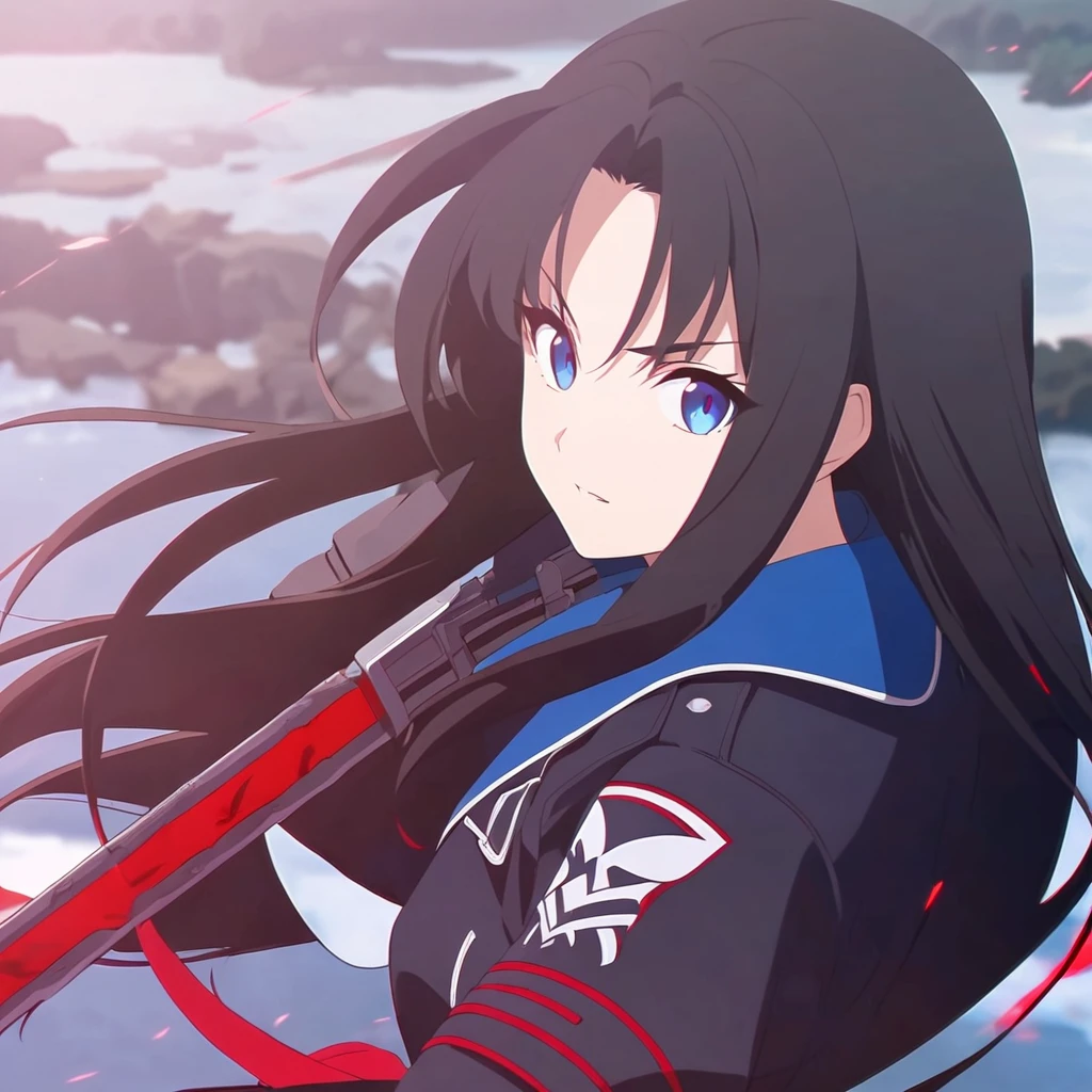 girl, anime, warrior, long hair with red and blue lines, pretty eyes, black hair, full leather