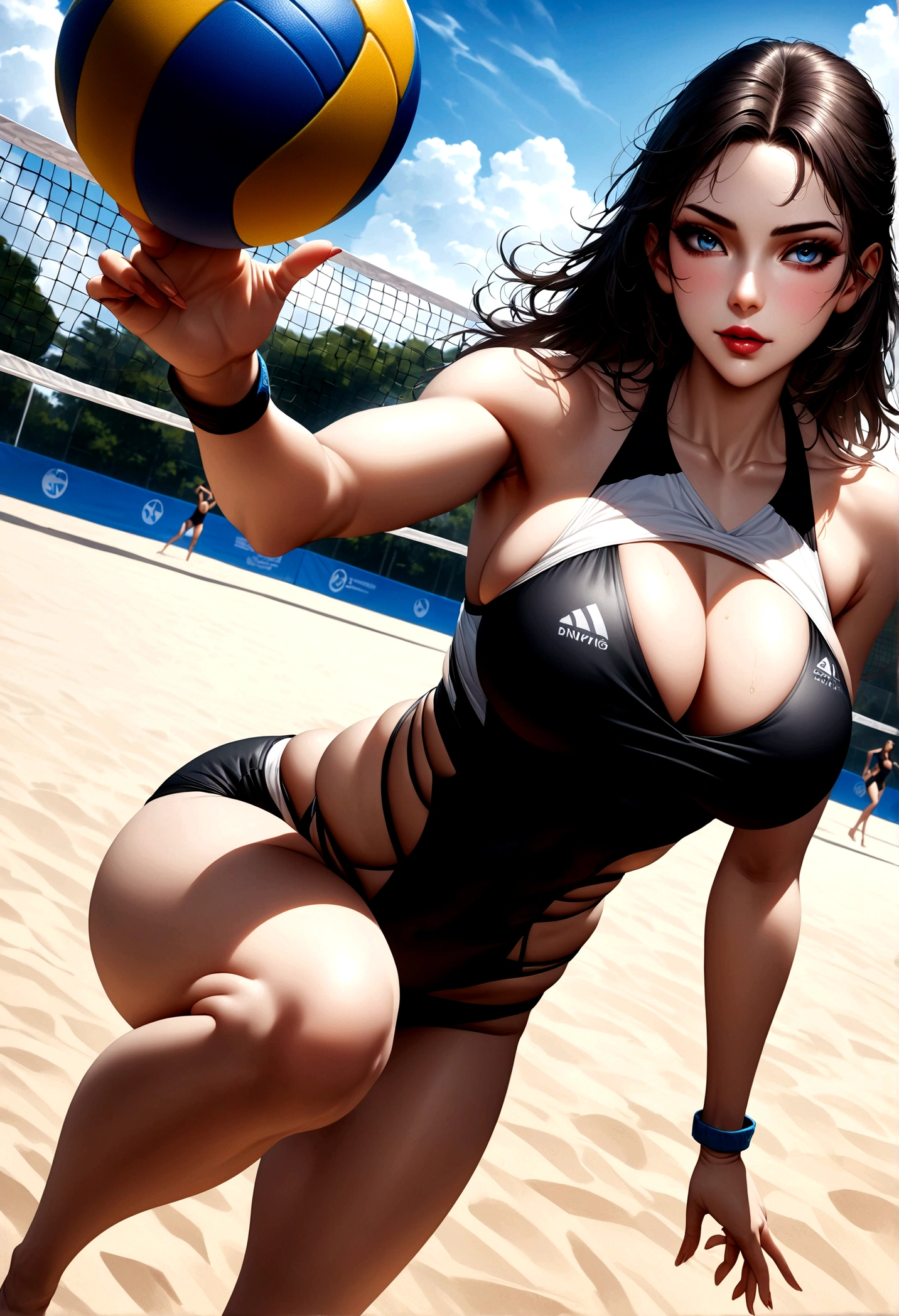 (best quality, On the table),Ultra-fine photography,1 Girl, Female beach volleyball player ,Shooting ,Large Breasts,Beautiful legs, At the beach volleyball court,Detailed beautiful face,beautiful eyes,Fine hair,Detailed clothes,Detailed and realistic skin,Cool,Dynamic Angle,