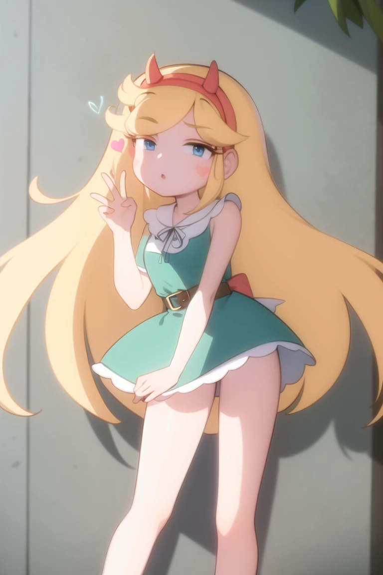 (masterpiece, best quality, high resolution:1.2), 1girl, star butterfly, blue eyes, blonde hair, long hair, expressionless, bored, half-closed eyes, green dress, belt, horn hairband, blush stickers, heart cheeks, looking at viewer, standing, upper body, contrapposto, hand on hip, outdoors, garden 