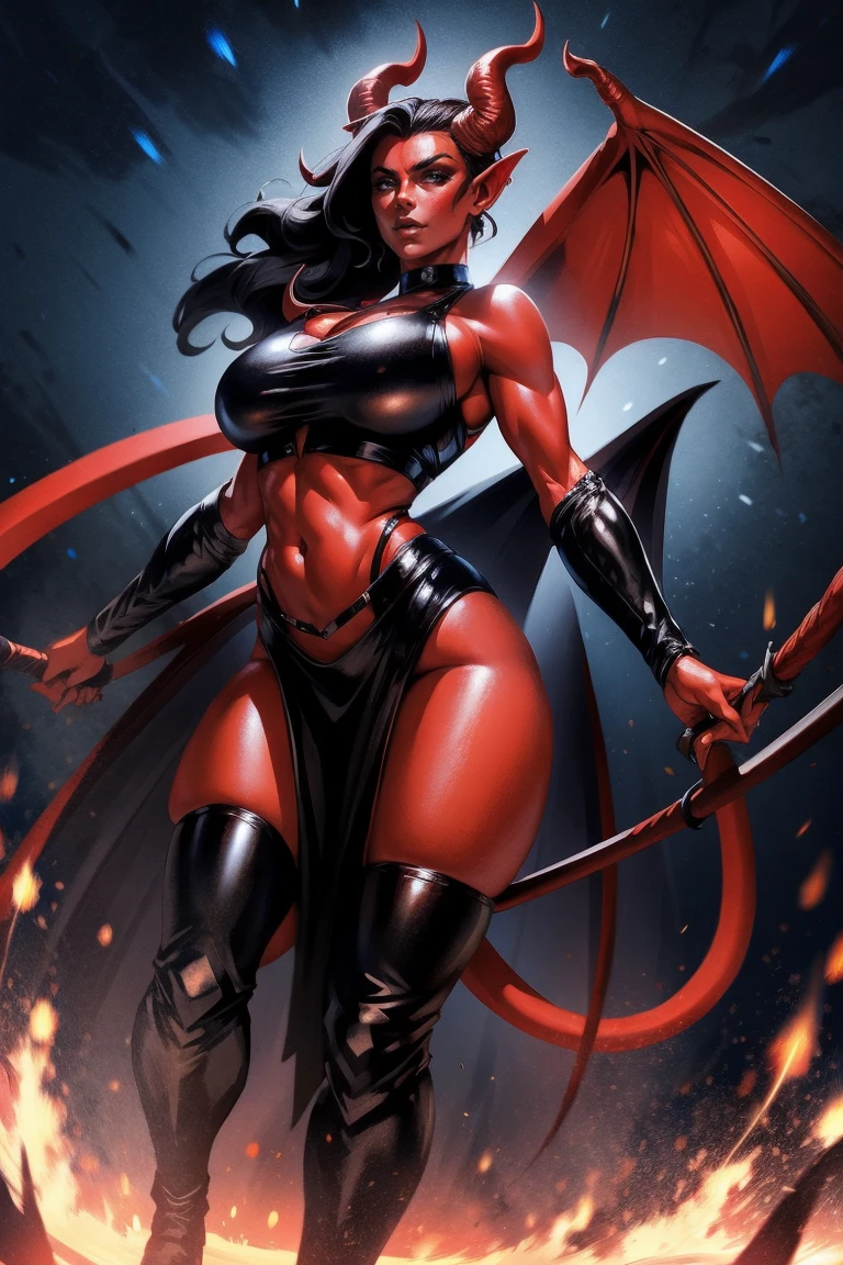 Red skin succubus tiefling, medium breasts, big thighs, black horns, wings, huge tail, black leather, crop top, long flowing pelvic curtain, tall, athletic, graceful, thin, long black ponytail. Action scene, whip. Dark scene, explosions, night sky.