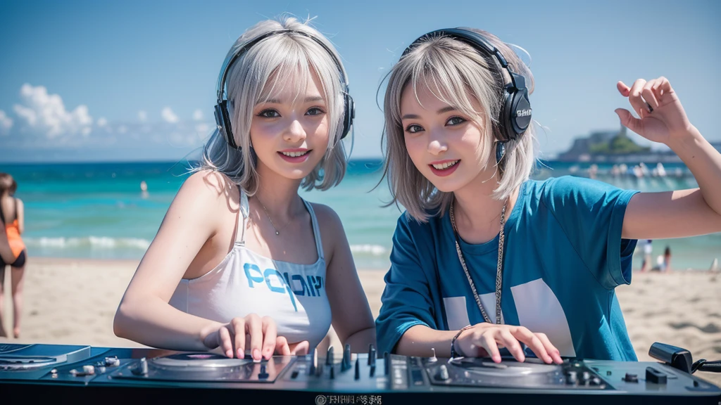 (ultra - detailed, 16K resolution, Cinema lenses, rendering by octane), (high resolution:1.18), intricate detail, (masterpiece:1.1), (highest quality:1.1), (1girl, portrait, white hair, blue eyes, short hair, detailed eyes),Wearing silver DJ headphones, Shiny silver sequined T-shirt, (in the beach:1.5), (Iconic hip-hop pop costumes:1.3), Smile while DJing on stage, DJ studio next to the beach, ((A stylish DJ stage on a hill overlooking the beach)), full body shot, Photorealistic photography by Sunshine, (cute round face:1.3), perfect fingers, five fingers, beautiful hands, perfect hands. master peace, cute smile.