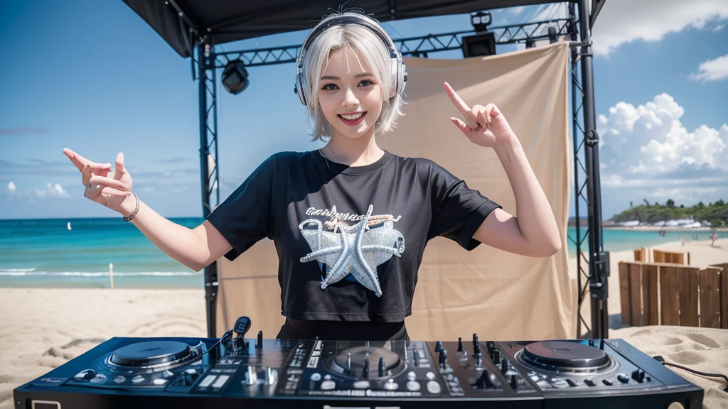 (ultra - detailed, 16K resolution, Cinema lenses, rendering by octane), (high resolution:1.18), intricate detail, (masterpiece:1.1), (highest quality:1.1), (1girl, portrait, white hair, blue eyes, short hair, detailed eyes),Wearing silver DJ headphones, Shiny silver sequined T-shirt, (in the beach:1.5), (Iconic hip-hop pop costumes:1.3), Smile while DJing on stage, DJ studio next to the beach, ((A stylish DJ stage on a hill overlooking the beach)), full body shot, Photorealistic photography by Sunshine, (cute round face:1.3), perfect fingers, five fingers, beautiful hands, perfect hands. master peace, cute smile.
