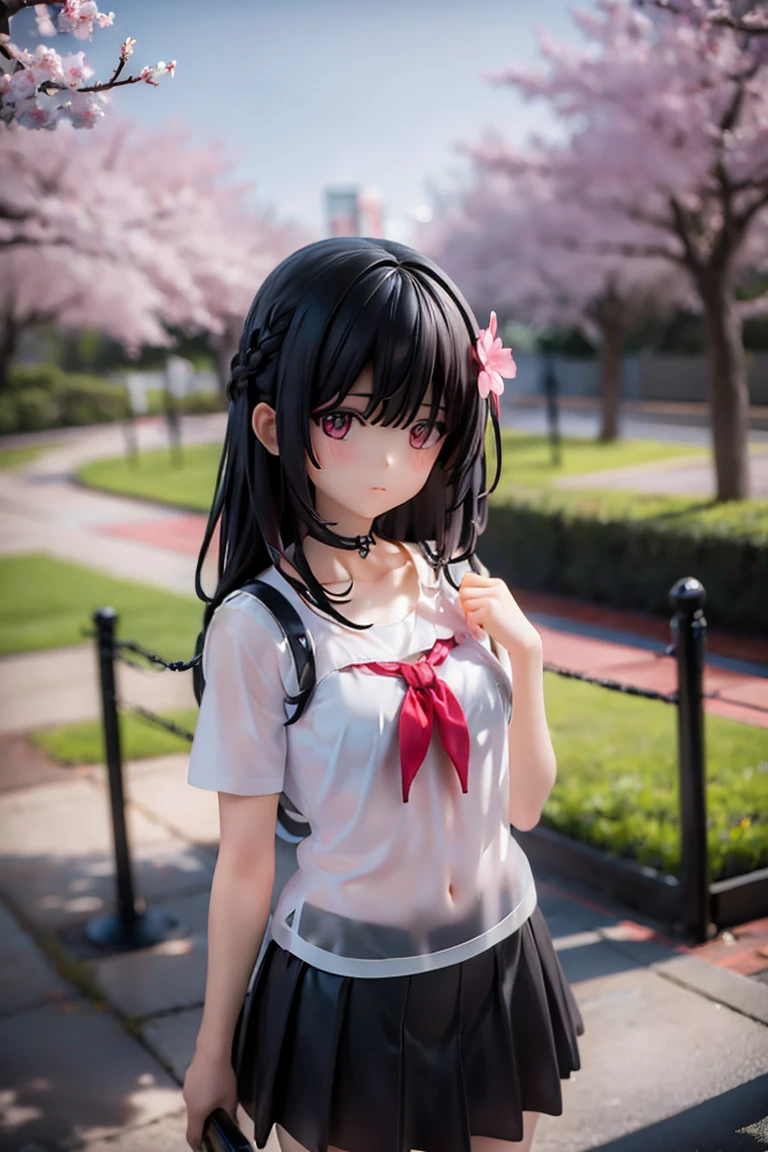 One girl, black skirt, branch, building, chain-link fence, cherry blossoms, fence, Long Hair, Outdoor, petal, pleated skirt, rain, shirt, Short sleeve, skirt, alone, Are standing, wood,
null,swoodt