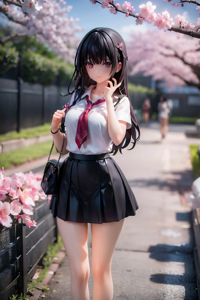 One girl, black skirt, branch, building, chain-link fence, cherry blossoms, fence, Long Hair, Outdoor, petal, pleated skirt, rain, shirt, Short sleeve, skirt, alone, Are standing, wood,
null,swoodt