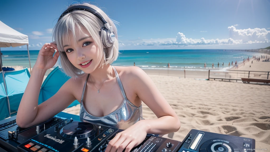 (ultra - detailed, 16K resolution, Cinema lenses, rendering by octane), (high resolution:1.18), intricate detail, (masterpiece:1.1), (highest quality:1.1), (1girl, portrait, white hair, blue eyes, short hair, detailed eyes),Wearing silver DJ headphones, Shiny silver sequined T-shirt, (in the beach:1.5), (Iconic hip-hop pop costumes:1.3), Smile while DJing on stage, DJ studio next to the beach, ((A stylish DJ stage on a hill overlooking the beach)), full body shot, Photorealistic photography by Sunshine, (cute round face:1.3), perfect fingers, five fingers, beautiful hands, perfect hands. master peace, cute smile.
