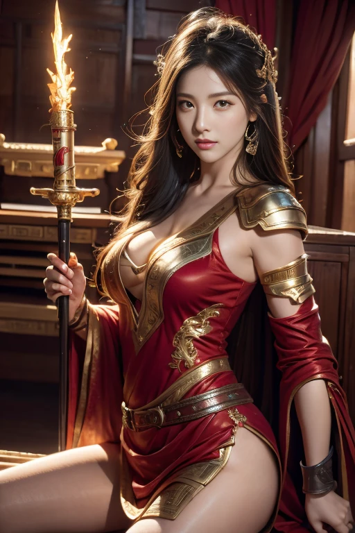 (Best Quality,hight resolution,Masterpiece:1.2),HDR,Ultra-detailed,Realistic,Photorealistic:1.37, Chinese, Ancient battlefield, Chinese female general, holding a sword in her hand, Serious expression, whole body, Stunning facial features, Red robe, armor, boots, Yellow sand flying in the sky, Fire, game model, stunning lighting, oc rendering, Film Rim Light, exquisite lighting, Ultra Detailed, Epic creation, Ultra HD, best quality, masterpiece, high quality, 8K, Girl with long hair, red eyes, solo, white long dress, Irelia, looking at the viewer, white colored hair, bronya, lips, corner, symmetric eyes, medieval background,