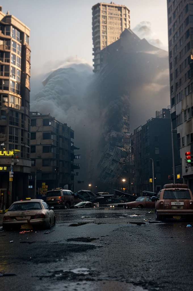 Image of a complex of curved car overpasses made of crumbling gray concrete supported by wide and tall pillars of cars passing over the center of a modern ultra futuristic abandoned city with abandoned crashed rusty and dirty rusty and upside down cars and buses standing still in the street, has dirty modern round and circular buildings in ruins, cyberpunkstyle, gray environment, image with shades of gray, rain and puddles of water on the ground, Science fiction, top view from a height of 130 meters above the ground, Nuclear apocalypse with smoke from buildings, urban scenery with poles with traffic lights turned off and wires from poles lying on the ground,  there is a rusty chain link fence around the buildings, There are billboards that have been erased and fallen from buildings, many buildings on the horizon, there are collapsed buildings, rubble and garbage in the streets, as realistic as possible, high qualiy, 4K, hyperdetailed