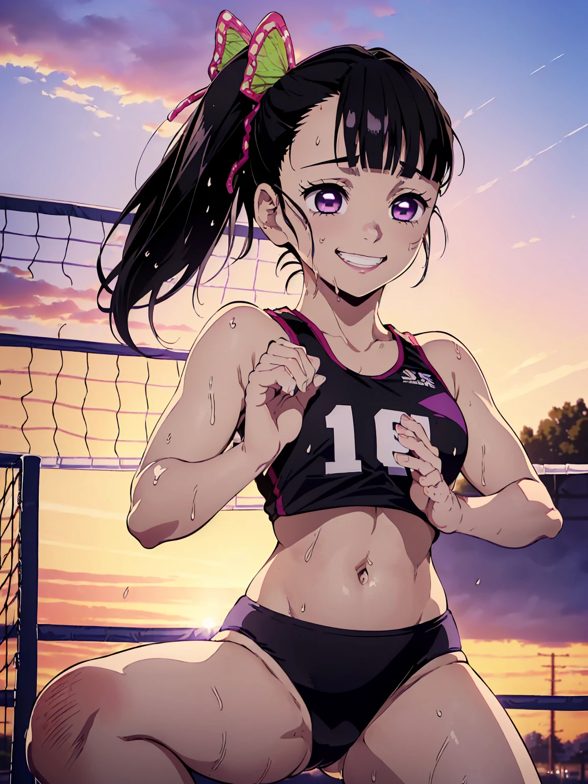 masterpiece, best quality, (lineart, anime screencap, sketch:1.1), (1girl, solo:1.3), kanao tsuyuri, (black hair, butterfly hair ornament, side ponytail, ponytail, hair swaying from the wind:1.3), (purple eyes, bright pupils, sparkling eyes:1.2), (wearing sports bra, sports underwear:1.4), (volleyball), (detailed hands, shiny skin, oily skin, wet skin, sweaty skin:1.4), (on the air, smashing a volleyball, preparing to spike a volleyball:1.3), (smile, jumping, looking at the volleyball:1.5), light particles, scenery, outdoors, beach, day time, volley net, bokeh, ambient lighting, vibrant colors, 200mm lens, (kimetsu no yaiba style), 