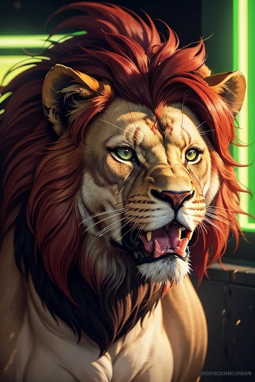 Lion with dark red hair with 2 humps in his hair, green eyes, green neon tongue