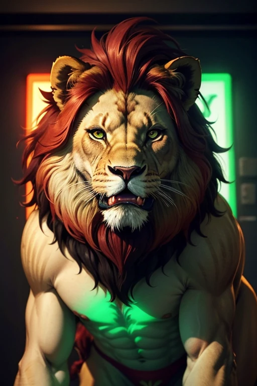 Lion with dark red hair with 2 humps in his hair, green eyes, green neon tongue