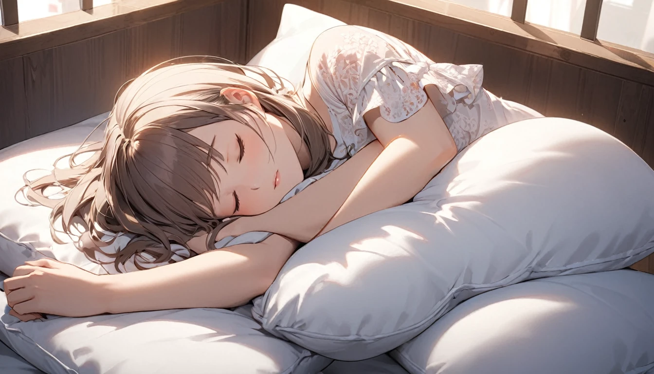 (Highest quality),Woman sleeping on a pillow,I'm tired and exhausted,Large windows,Night Sky, star, full moon