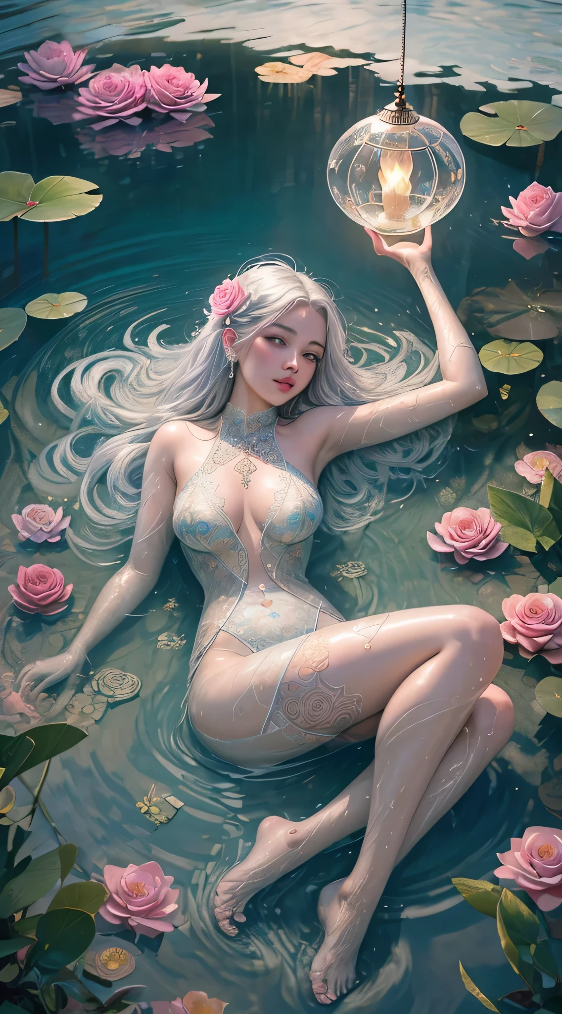 Attractive blonde young woman looking at this, big, soft looking big,  legs spread open, lying on bed, bed over water, stunning masterpiece, full body photo, platinum hair, long curly hair, real water, transparent fabric fused with water, Bathing in a river pond, extremely detailed art, blushing, water running down the body, Radiant skin, intricate, Elegant and highly detailed digital photography, majestic and surreal painting, Golden butterfly filigree, broken glass, sidelit, beautiful finely detailed eyes: 1.2), The best quality , expressive eyes looking askance, perfect face looking absentmindedly, Portrait of a beautiful goddess with platinum hair, majestic, Plants and flowers: 0.7) infinity, Infinity symbol, Perfect face, Very detailed face and body, 18 years old , dark brown eyes, big eyes, lying on back over a pond, pink lips, bald pussy, illuminated in contrasting turquoise and crimson, beautiful and aesthetic: 1.2), (1 girl), extremely detailed, (Fractal art: 1.3), colored, More Detailed, beautiful goddess lying on a water bed, girl lying on water waves, floating bed in a pond, art in three interlocking surreal circles, floating bubbles, Caucasian girl with shiny silver hair, full female body, tattoos of mandalas and oriental flowers , transparent dresses, skin wet with water, toes submerged in water, fantasy, Flowers and roses, Beautiful girl with a slight smile, lamp light, lantern, magic, Old floating clock, visible, rose, mandala tattoos and flowers on the naked body, Front view, three interlocking circles form a work of art, magical circles, girl within several circles, long hair merged in water, surreal magical dream, Image rich in details, Clear, painting oil painting, red lipstik , Dramatic lighting, extremely realistic, 8k, Crazy details, intricate, Bokeh, Tak