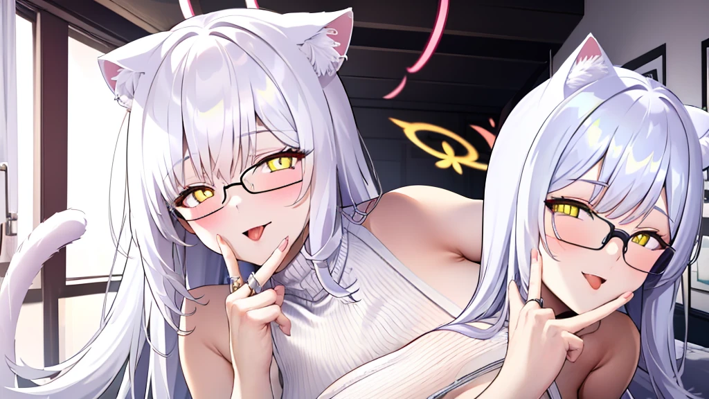 A 20-year-old female angel with long hair, white hair, yellow eyes, cat ears, cat tail, and white angel wings. A glowing yellow halo ring overhead. Wear round glasses (White halter turtleneck sweater, white purekiller sweater, sleeveless, sexy backless sweater, white dress) White arm warmers, stick out tongue, bedroom