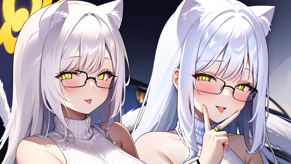 A 20-year-old female angel with long hair, white hair, yellow eyes, cat ears, cat tail, and white angel wings. A glowing yellow halo ring overhead. Wear round glasses (White halter turtleneck sweater, white purekiller sweater, sleeveless, sexy backless sweater, white dress) White arm warmers, stick out tongue, bedroom