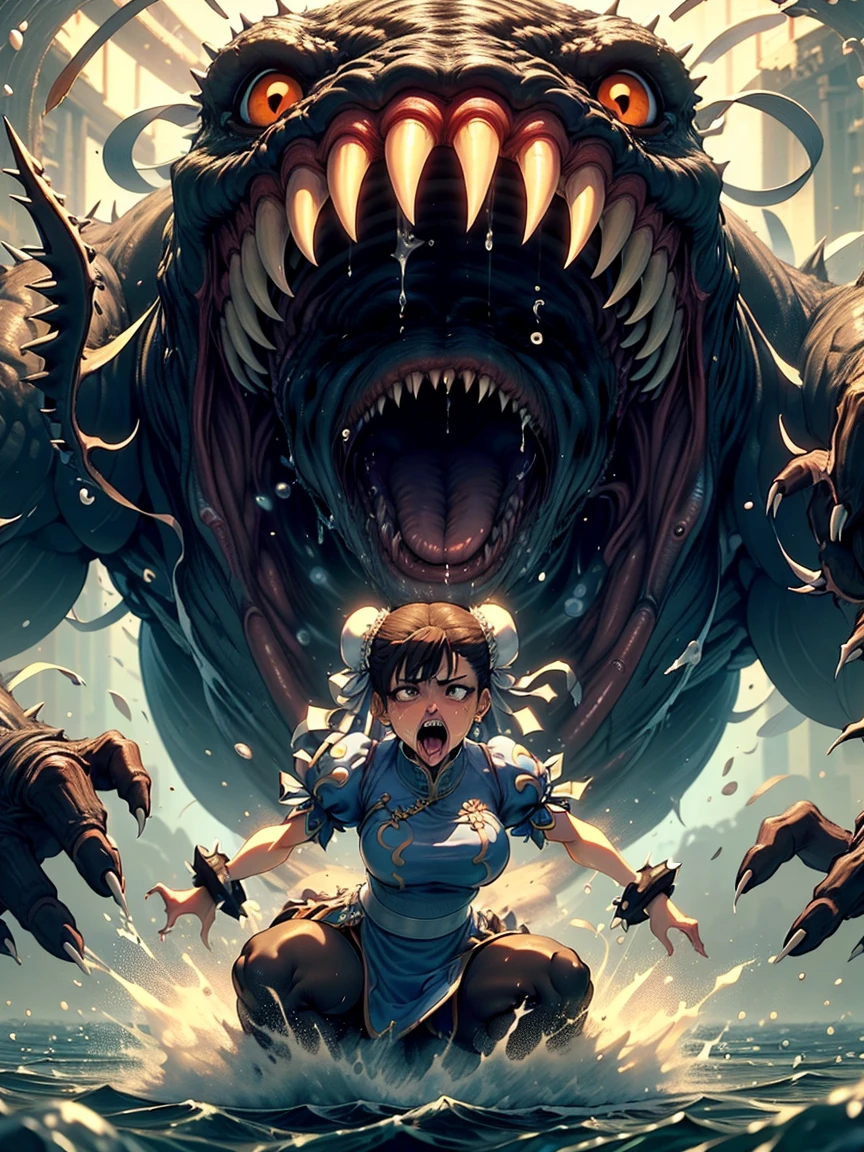 masterpiece,highest quality,Very detailed,One girl,alone,Scared,Panic,The pupils constrict,shout,Raise your eyebrows,Eyes Wide Open,Are crying,tears,
Ah ah,((chun-li)),sf2 chun,hair buns, covered buns, chinese dress, qipao, blue outfit, spiked bracelets, puffy sleeves, brown pantyhose, white belt,
Breaking the water,dark,In the water,floating,whole body,Air bubbles,(((In the waterEat,eat, Sticking out tongue,Size Differences, In the background, a giant monster has its mouth and tongue open, Evil Eye, Girl in the mouth of a giant monster, Sharp teeth surround the girl))),