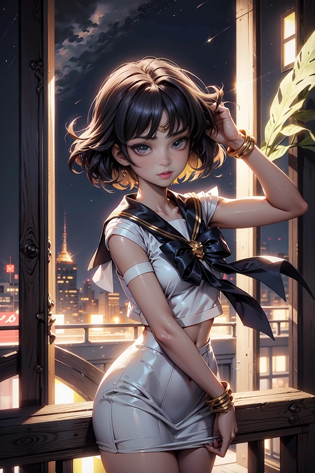Sailor Saturn (Sailor Moon Anime), standing in a balcony at night, <lora:GoodHands-, <lora:GoodLegs-, UHD, high resolution, (expressive eyes, perfect face, full body, expressive face, perfect body, perfect pussy, athletic, fit, slim body, blushing, Perfect makeup, eyeliner, beautiful eyelashes, smiling, horny face), ((best illumination, best shadows)), ((sexy pose)), brooch, white gloves, choker, skirt, star (symbol), purple footwear, knee boots, star brooch, earrings, sailor collar, bow, cross-laced footwear, pleated skirt, brown bow, gloves, elbow gloves, purple skirt, jewelry, boots, back bow, lace-up boots, magical girl, star choker, purple sailor collar, purple eyes, black hair, short hair, EPsmSailorSaturn, sailor_saturn, sailor senshi uniform, tiara, sailor saturn