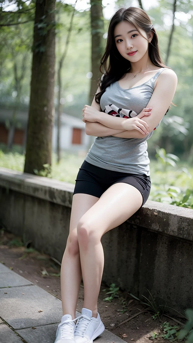masterpiece, best quality, Surreal, Ultra Detailed, 8k resolution, RAW photos, Clear focus, (A girl in the forest), ((light gray shirt:1.1)), sleeveless, sports Shorts,Full body posture, Solitary, Perfect body, Become a, 32 inches in the chest,(a charming smile:1), (sexy pose),26 years old, light,White shoes
