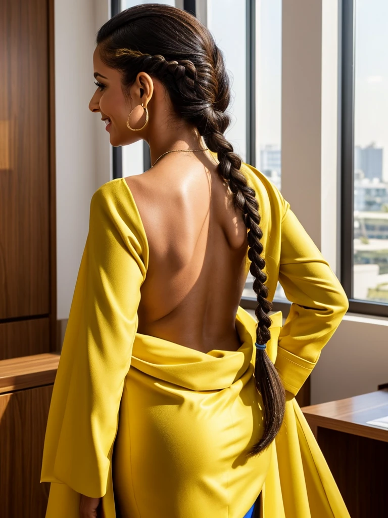 

A modern, well-lit office in São Paulo. Sunlight streams through the window, illuminating a spacious corner office.A vibrant 70-year-old Brazilian woman with a warm smile. Dressed in a stunning, colorful Indian saree, her long, 3c curly hair gleams with reflected light from strategically applied hair cream. It cascades down her back in defined, smooth coils, framing her face with sleek, combed hairlines. Her scalp is healthy and visible.A 40-year-old French woman with a sharp haircut. Her hair is meticulously styled in four French braids, each gleaming with gel and showcasing the clean lines of her partings. Dressed in a stylish coat, she exudes an air of professionalism. 